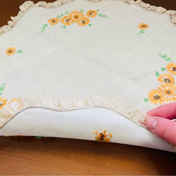 Vintage Hand-Embroidered Round White Doilies/Placemats Flowers and Lace Set of 2 - Picture 6 of 10